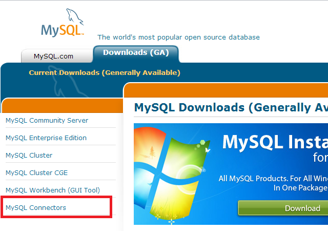 Categoria de conectores do MySQL para download